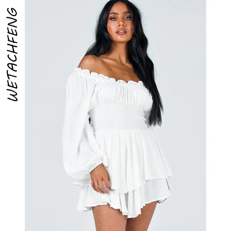 

Sexy Overalls For Women White Ruffles Lantern Long Sleeve Slash Neck Folds Shorts Rompers Summer Elegant Chic France Playsuits