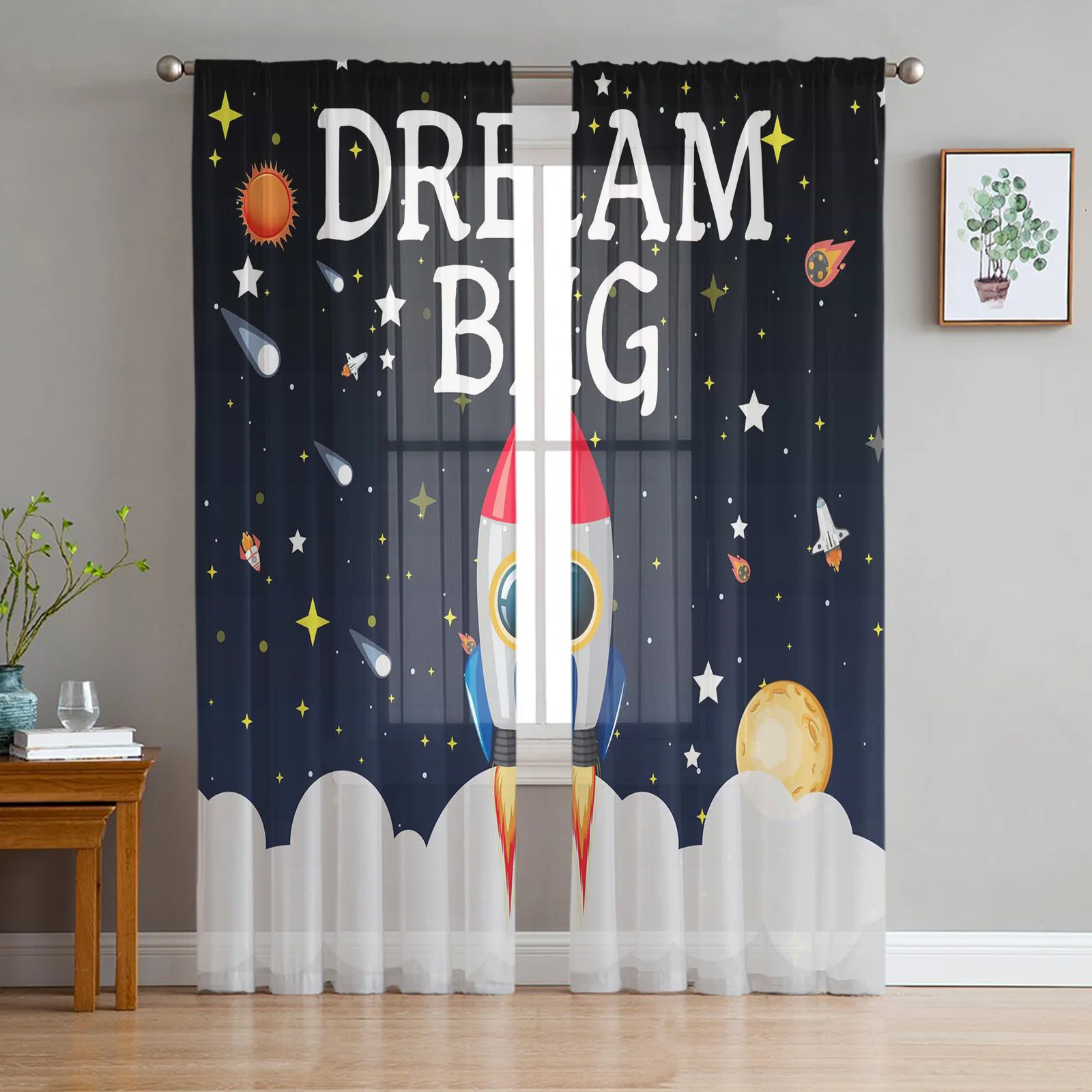 

Space Universe Rocket Dream Big Tulle Sheer Window Curtains for Living Room Bedroom Modern Tulle Voile Curtains Decoration