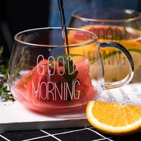 empty letter printing transparent tea juice with handle good morning milk coffee glass clear mug cup