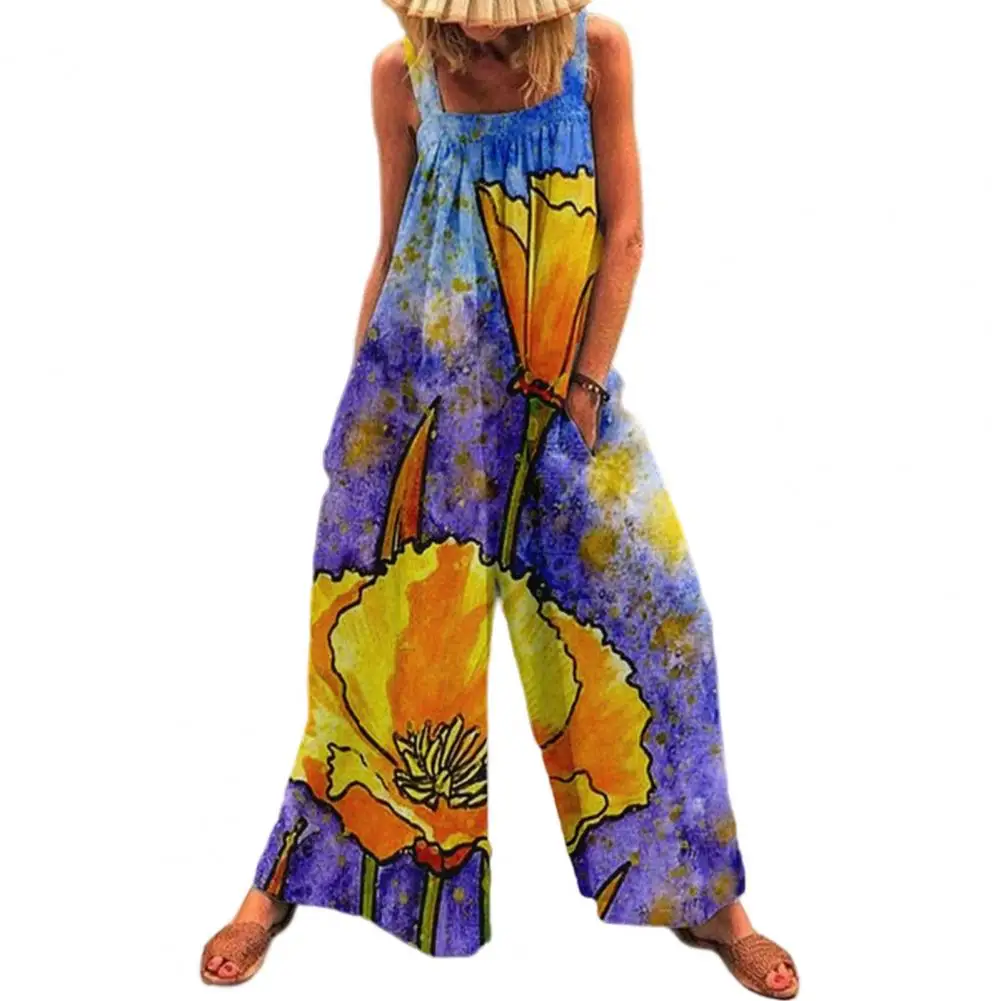 

Women Romper Square Neck Fabric Creative Loose Type Artistic Print Wide Leg Sleeveless Summer Jumpsuit Female Clothes