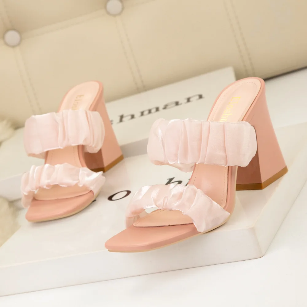 Women Simple Solid Color High Shoes Heels Sexy Square Toe Chic Slippers Open Toe Chunky Heel with Transparent Outdoor Sandals