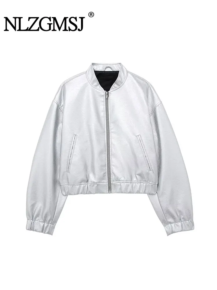 

Nlzgmsj TRAF Woman Metallic Bomber Jacket Fashion Faux Leather Silvery Jackets Women Vintage Long Sleeves Coat Zipper Jacket