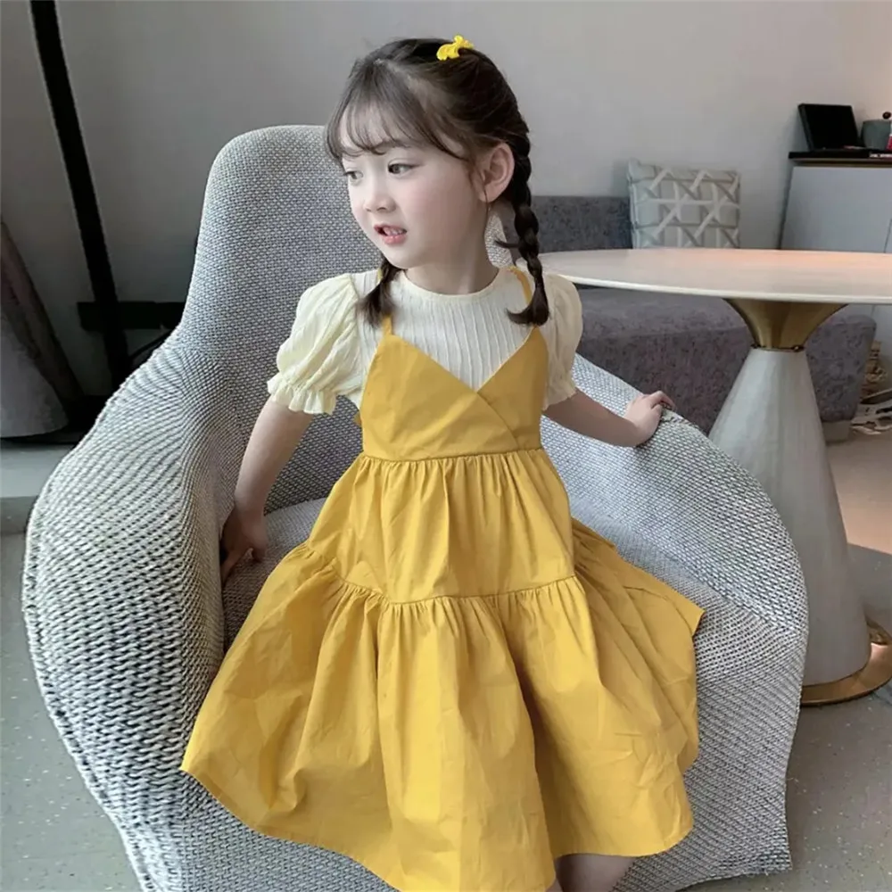 

2022 Summer Girls Kawaii Princess Dress Puff Sleeve Fake Two Dress For Girls Korean Fashion Suspender Pleated Dress Streetwear