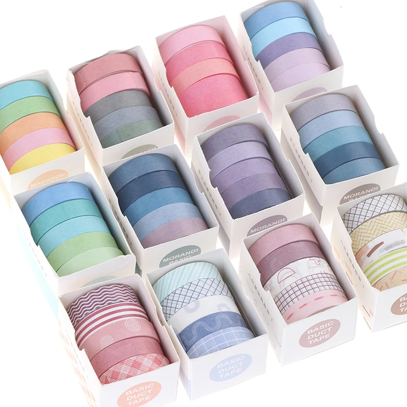 

5 Pcs/Set Cute Grid Stripe Washi Tape Solid Color Masking Tape Decorative Adhesive Tape Sticker Scrapbooking Planner Stationery