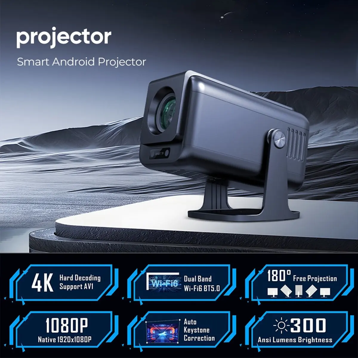 Фото Можно приобрести смарт-проектор H320 с Android 13, Wi-Fi 6, 300 ANSI, 180°. °   Гибкий проектор BT 5.0 Beamer 1920x1080P для домашнего кинотеатра, вилка стандарта ЕС №2