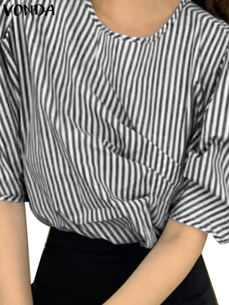 

Женская блузка для вечеринок VONDA, повседневные полосатые рубашки с коротким рукавом и круглым вырезом, Женские винтажные укороченные топы, ...
