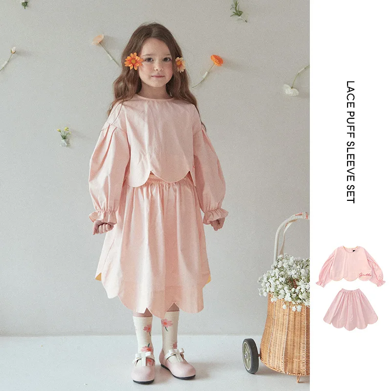 

Korean Children's Clothings Girl Pink Blouse Skirts 2022 Spring Summer Alphabet Lace Cute Shirts Skirts Child Clothes Suit