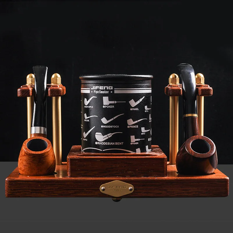 

Mahogany Copper Smoking Pipe Stand Rack Two Pipe Holder Moisturizing Tank Set Tobacco Pipe Smoking Accessories