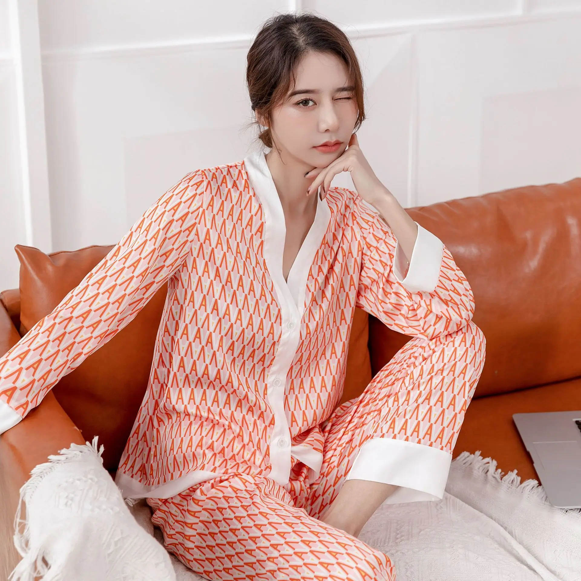 Cardigan Pajamas Women's Long-sleeved Small Fragrance Ice Silk Home Service Japanese Silk Can Be Worn Outside Suit