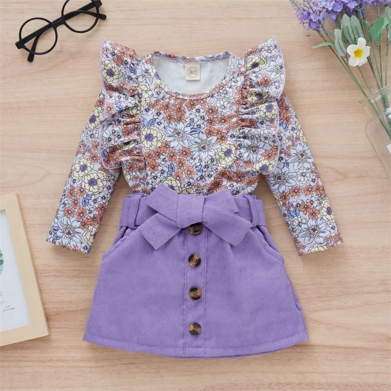 

2Pcs Little Girls Clothes Sweet Style Floral Print Lace Long Sleeve Round Collar Tops + Button Short Skirt with Belt Outfit