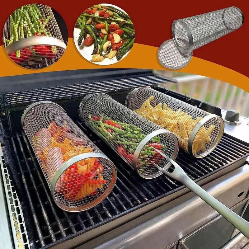 

Rolling Grill Basket Cylinder Shape Bbq Basket Stainless Steel Grill Tool BBQ Accessories Mesh Camping Cookware For Barbecuers