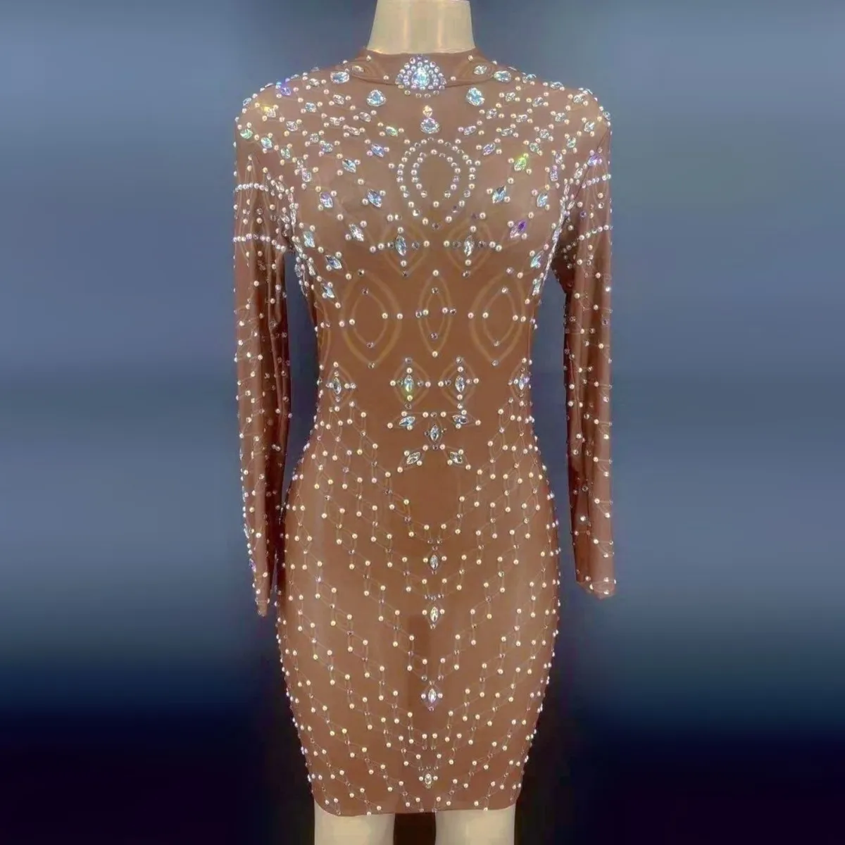 

Silver Rhinestone Pearls Transparent Short Dress Women Dancer Long Sleeve Outfit Birthday Celebrate Prom Dress