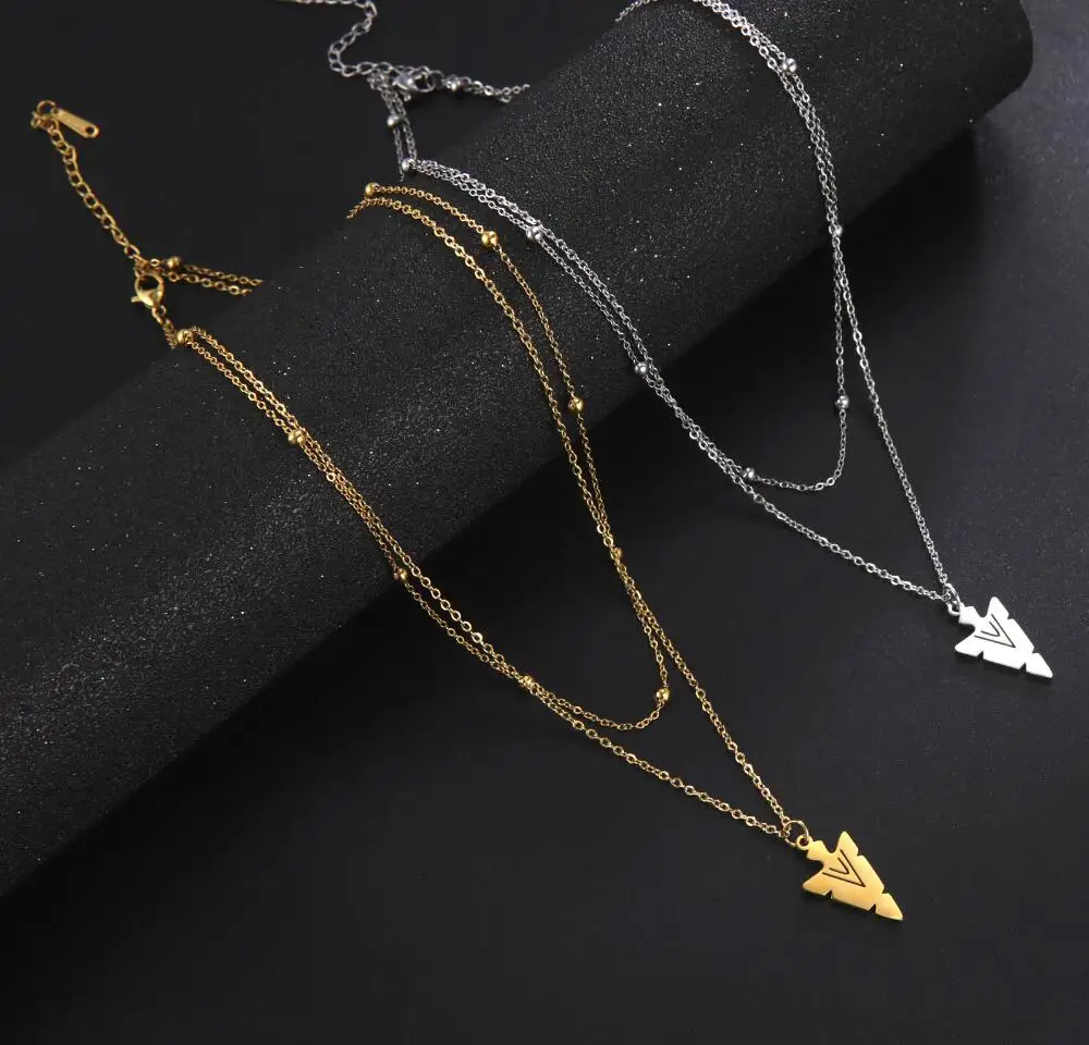 

1PC New Trend Stainless Steel Double Layer Bead Arrow Pendant Necklace For Women Stacked Choker Party Gift F1384