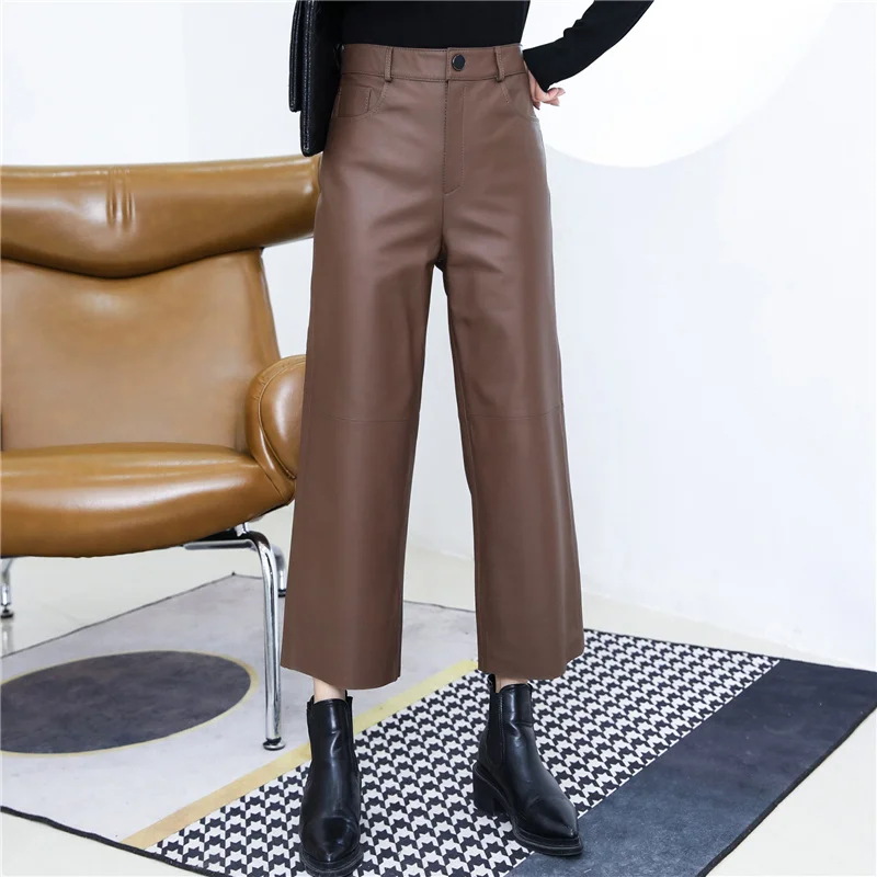 

Pants High 100% Waist Female Wide Leg Sheepskin Leather Pants Women Korean Fashion Trousers 2023 Pantalones De Mujer Pph4358