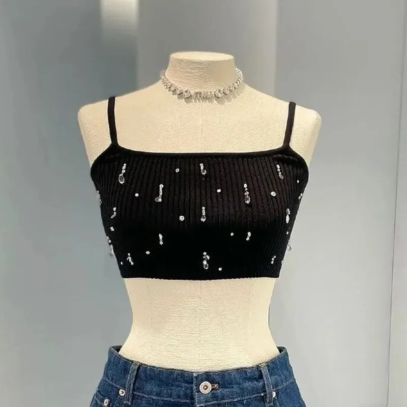

Новинка подтяжки из бисера классический черный короткий трикотажный топ на пупке с алмазной отделкой