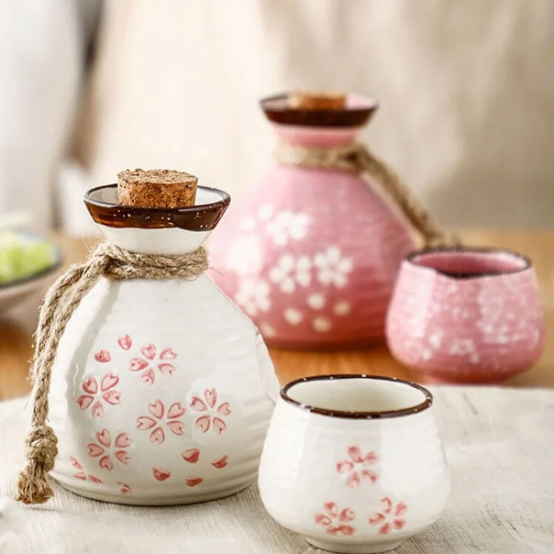 

Japanese Sake Pot Cup Set Cherry Blossoms Ceramics Liquor Cup Home Bar Wine Set Retro Flagon Liquor Cup White Wine Pot Gifts