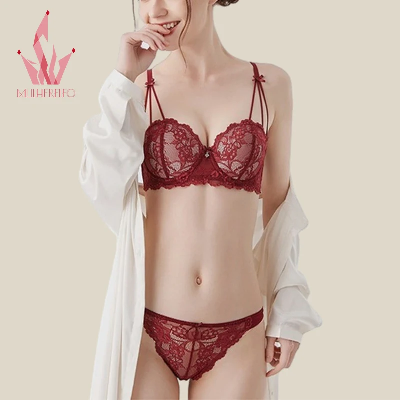 

Women Sexy French Lace Lingerie Embroidery Underwire Push Up Underwear Comfortable Breathable Bra And Panties 2-Pieces Outfits