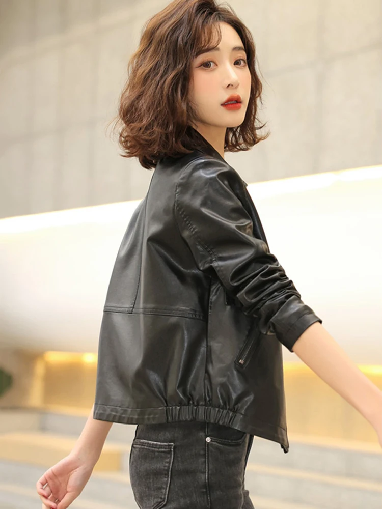 New Women Casual Leather Jacket Spring Autumn Fashion Trend Suit Collar Loose Short Sheepskin Coat Split Leather Small Outerwear