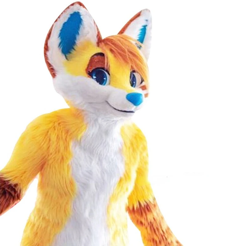 

Желтый Лисий костюм Хаски средней длины из меха, костюм-талисман для прогулок и Хэллоуина, костюм для косплея, костюмы для больших событий