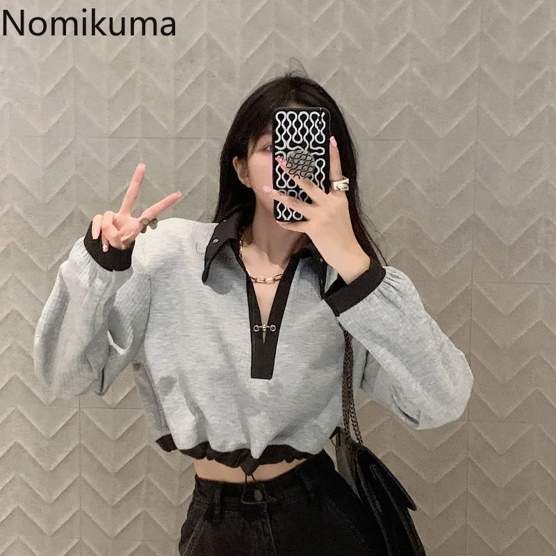 

Nomikuma Crop Top Spring Autumn Puff Sleeve Contrast Color Patchwork High Waist Camisetas Retro Elegant Casual Long Sleeve Tees