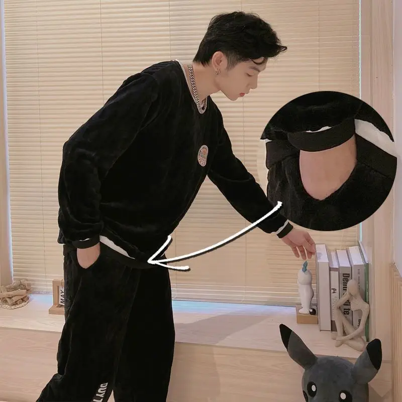 Men's Winter Warm Flannel Pajamas Set 2022 New Fashion Sleepwear Trousers Two-piece French Loose Nightwear Night Clothes Suit