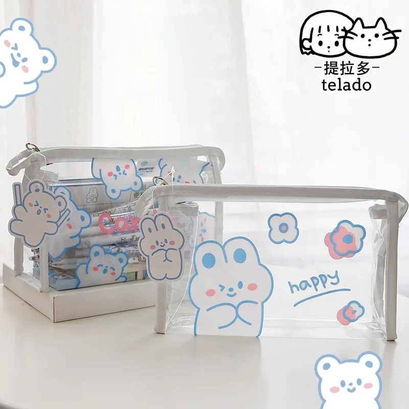 

1pc Cute Cartoon Pencil Bag Kawaii Transparent PVC Waterproof Pen Bag Bear Rabbit Pen Bag for Student Stationery Storage Bag