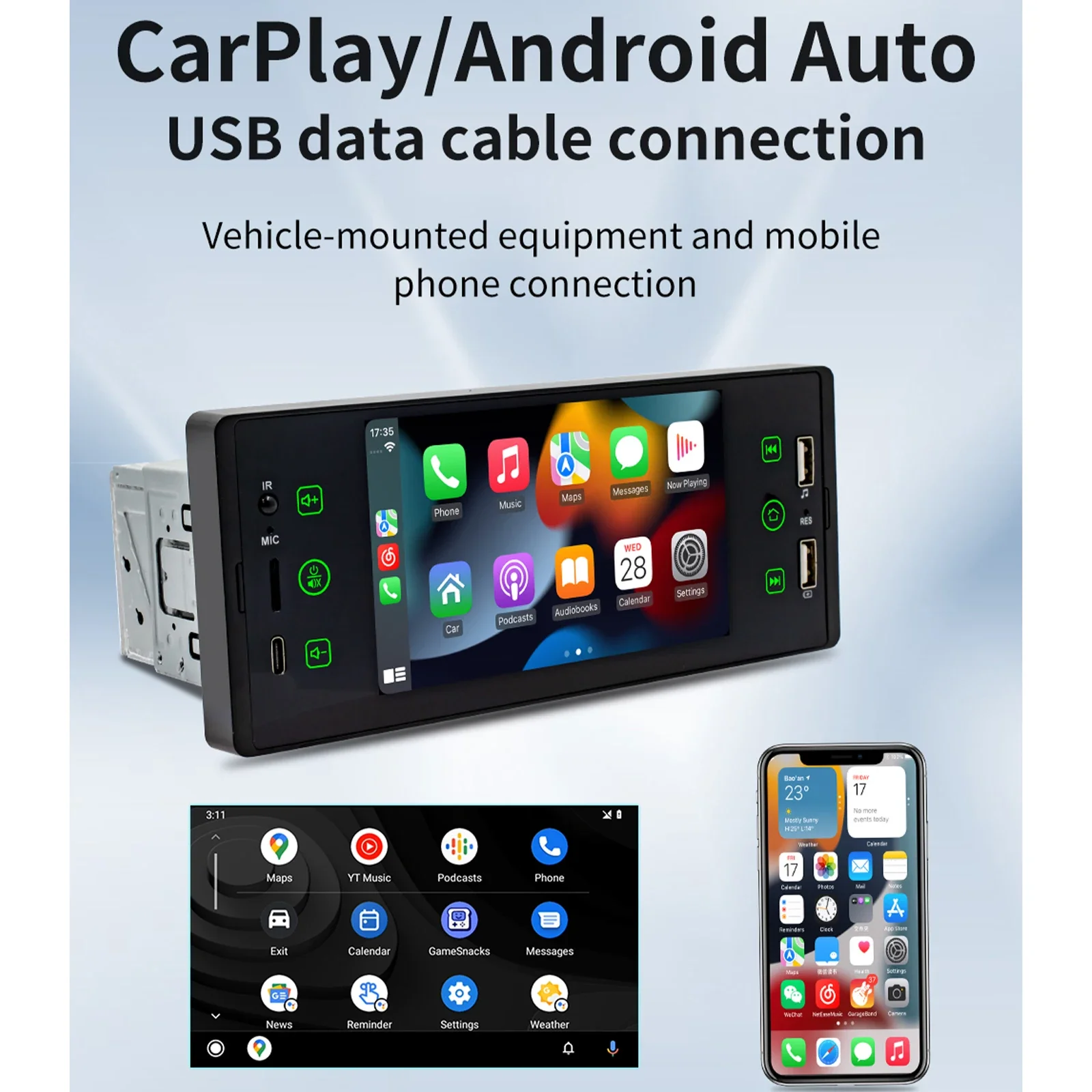 Фото ESSGOO 5-дюймовый автомобильный радиоприемник, проводной Carplay, Android Auto, 1 Din, мультимедийный плеер, HD сенсорный экран, Bluetooth MirrorLink, универсальный авто F150C №3
