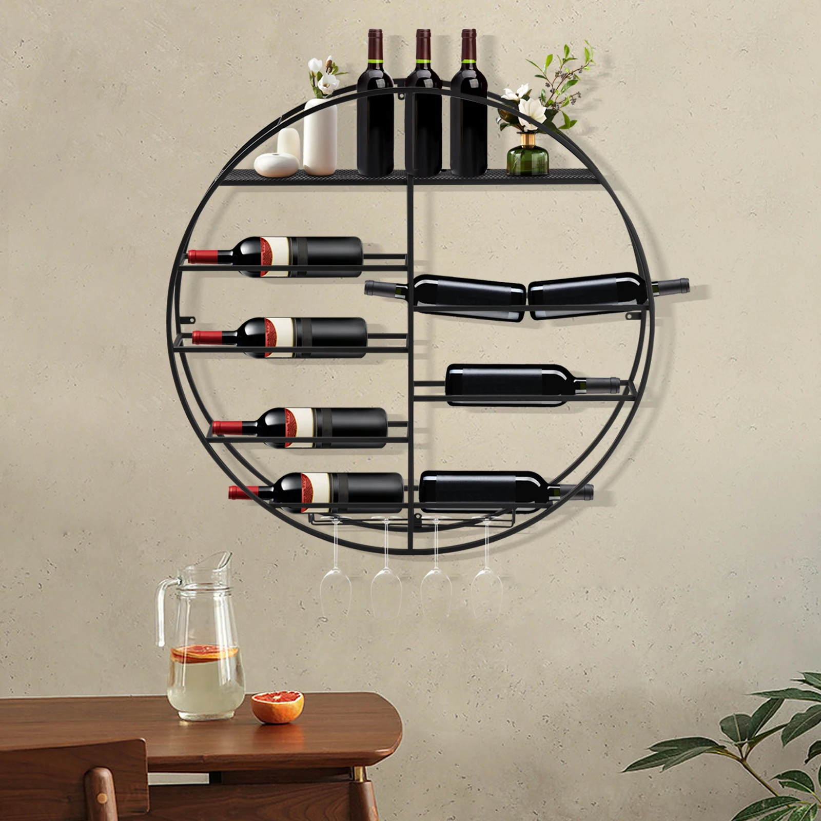 12 Bottle Wall Mounted Wine Bottle Rack, Bar Liquor Shelves Shelf with Glass Holder, Hanging Display Rack for Home Bar Dining