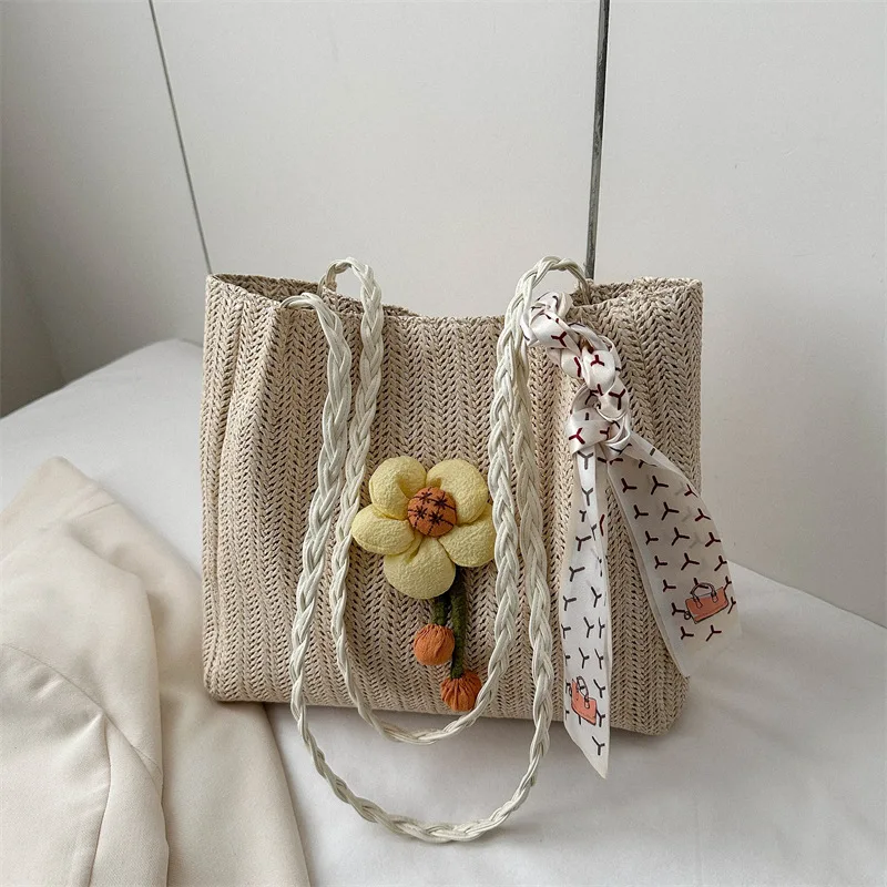 

simple Straw Weaving Bags For Sweet Girls Women's Fashion Flower Decoration Swearing Strap Bag Female New Casual Shopping Pack