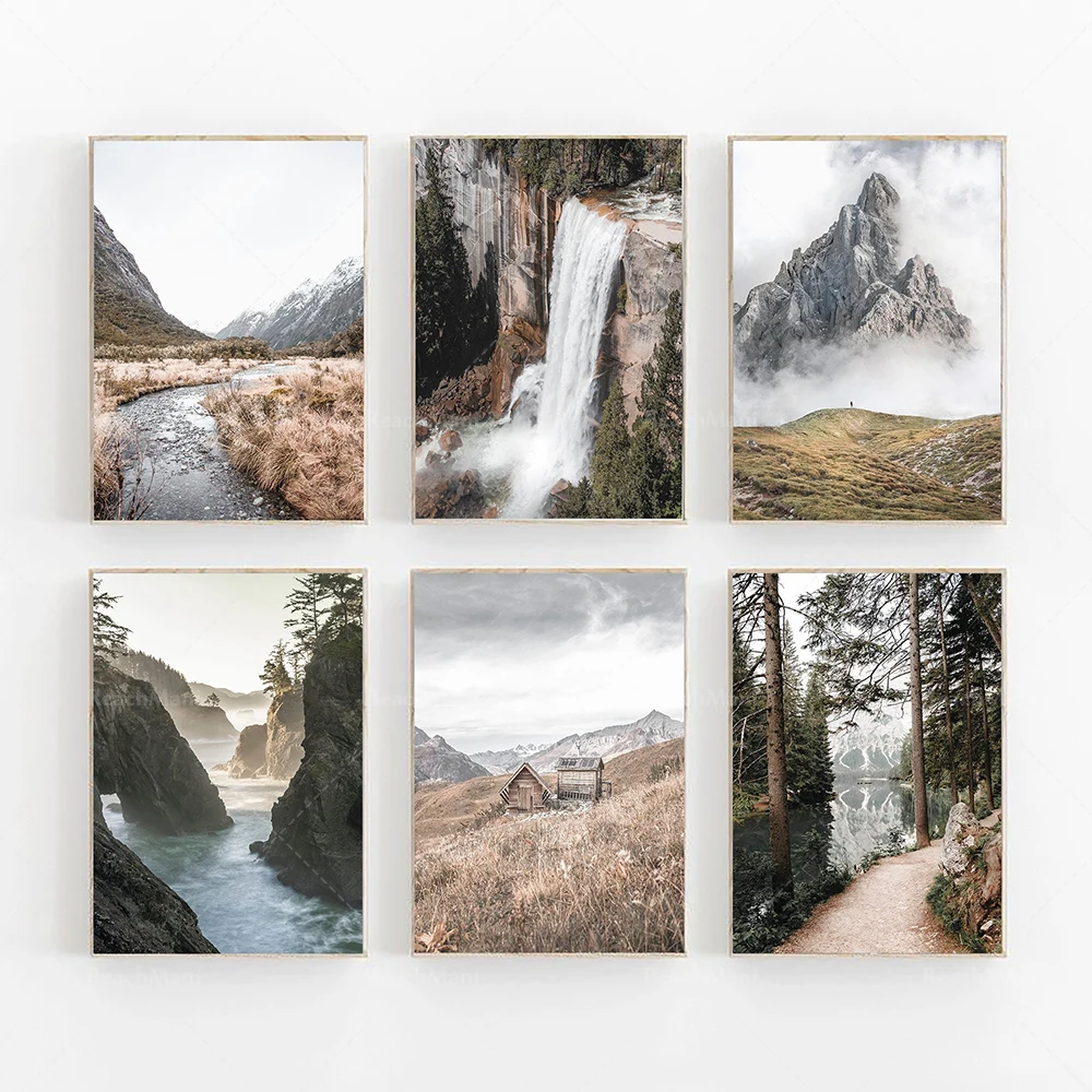 

nature prints, forest wall art prints, gable art, scandinavian nature prints, mountain fog, modern minimalist landscape poster