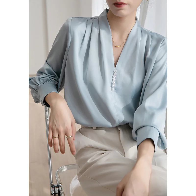 

Flame of dream Satin Shirt Women's Long Sleeve V-neck Professional Shirt 22578