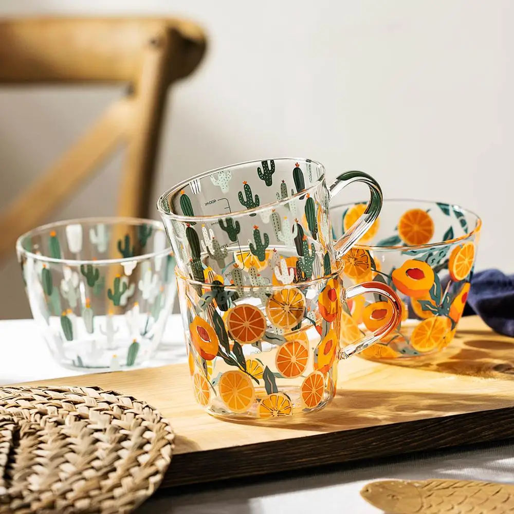 

500 мл желтые персиковые кактусы стеклянные чашки для чая и молока со шкалой кофейная кружка креативная посуда для напитвечерние стакан чашки для воды