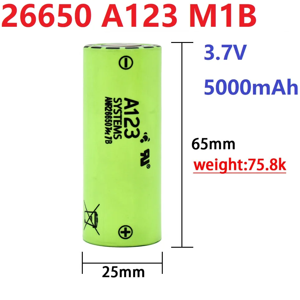 

Rechargeable Lithium-ion Battery 26650 A123 M1B 3.7V 5000mAh 70A Suitable for Electric Vehicles Electric Tools Toy Cars Remote