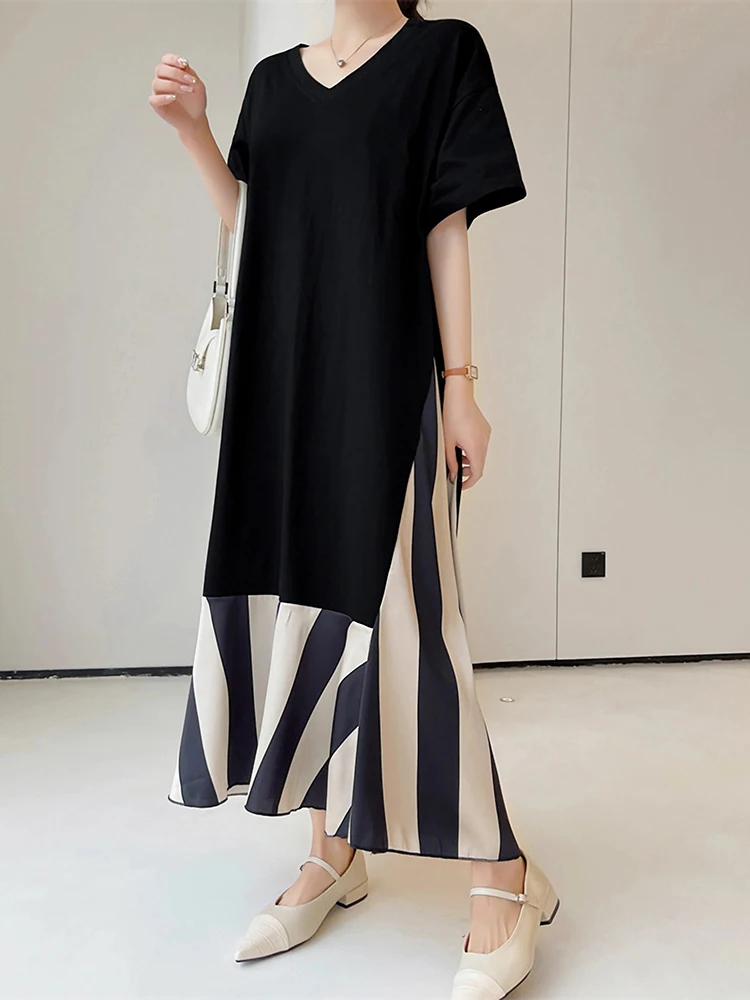 

High End Women Summer Dress Korean Fashion Loose Plus Size Patchwork Robe Silky Velvet Stripe Short Sleeve Long Dresses Vestidos