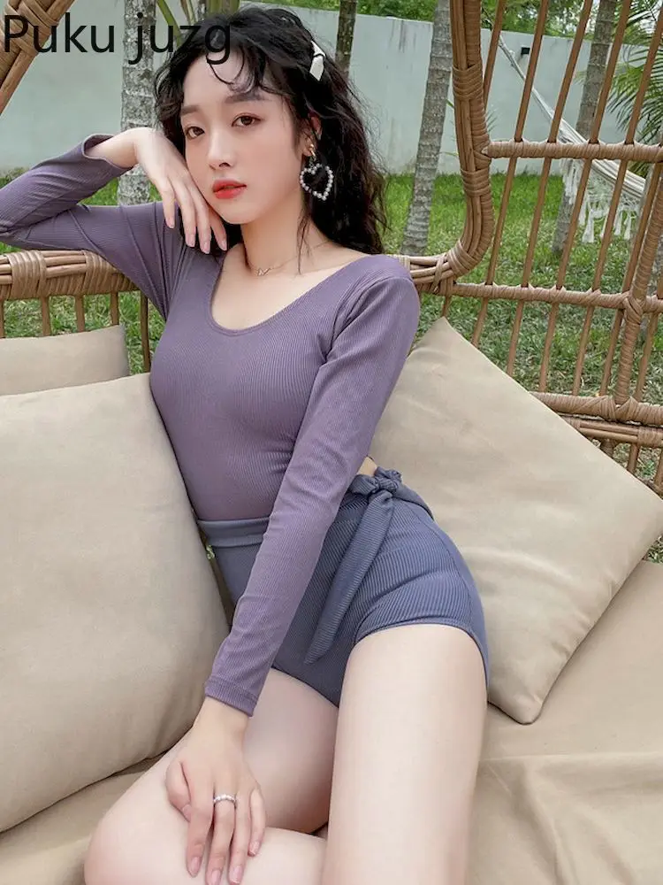 

Puku Juzg Swimsuit Split Swimwear Quick Drying Conservative High Waist Skirt Long Sleeves Swimsuit Tops 2022 Summer New Women