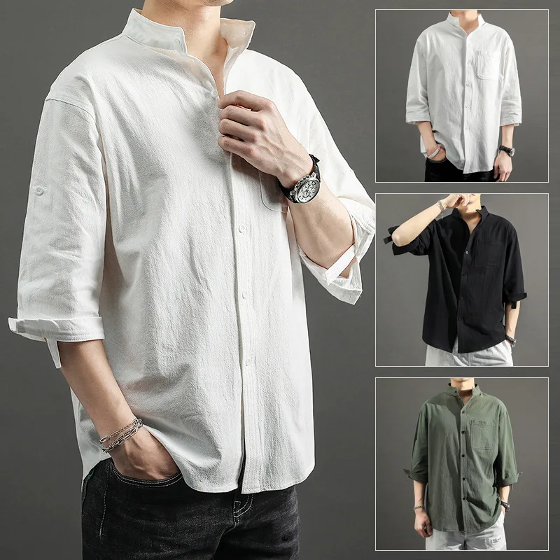 

2023 New Cotton Linen Short Sleeved Shirt for Men's Summer Loose Linen Oversized Shirt Casual Quarter Sleeved Top Men Clothing