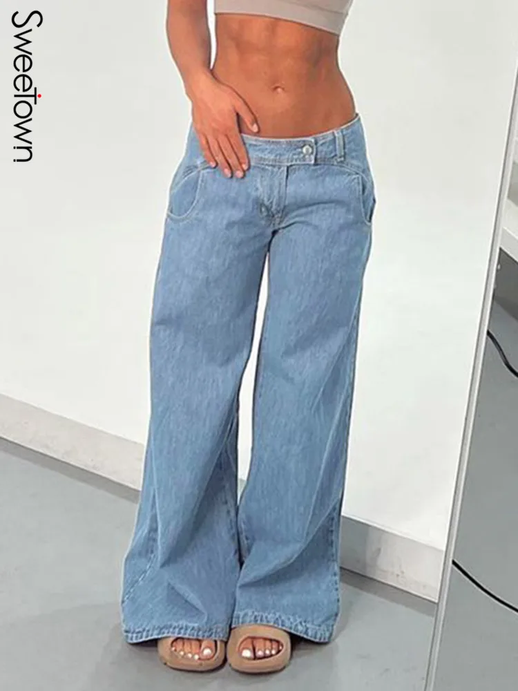 

Sweetown Blue Solid Casual Baggy Mom Jeans Woman Low Waist Wide Leg Trousers Korean Fashion Vintage Denim Streetwear Pants 90s