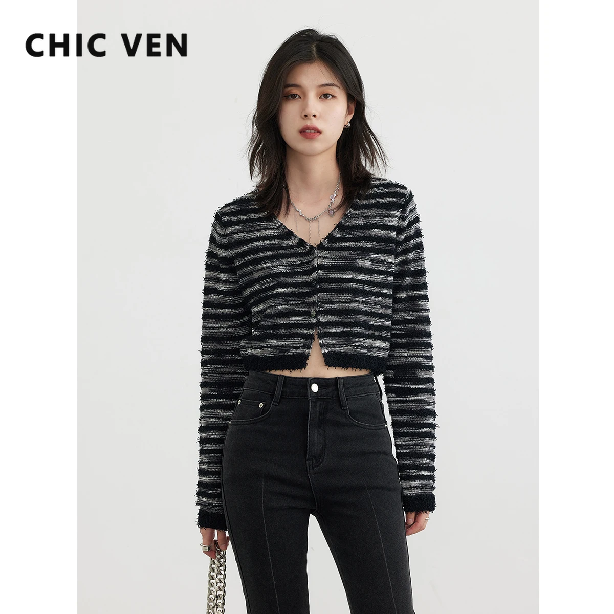 

CHIC VEN Women Cardigan New Slim Vintage Girl Stripe Knitted Long Sleeve Sweater Short Female Top Ladies Coat Spring Autumn 2023