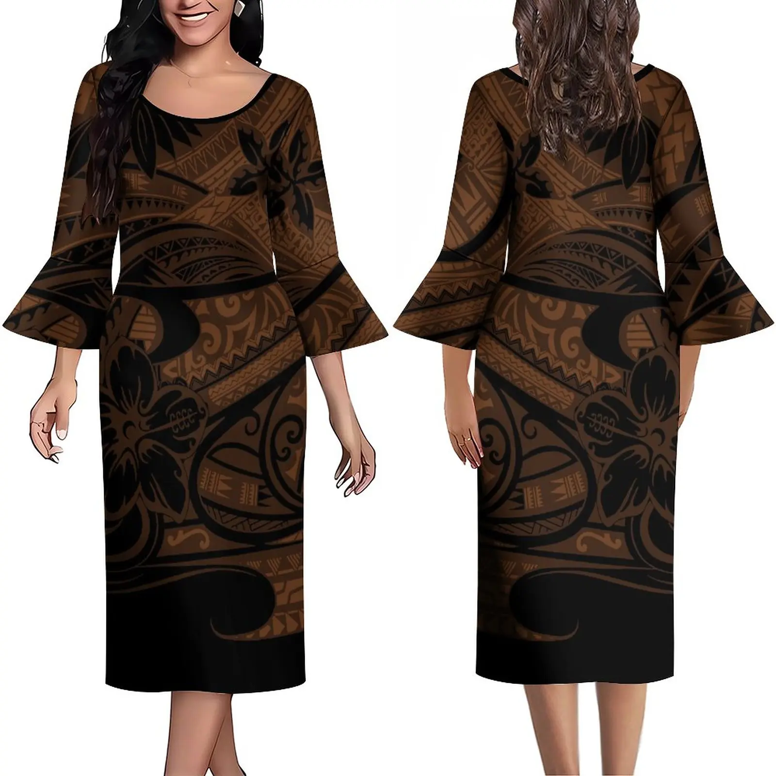 Женское платье с оборками на манжетах удобное винтажное принтом в этническом