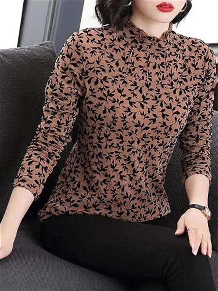 

Plus Velvet Mesh Bottoming T-shirt Women Autumn Winter Warm Pullover Loose Woman Tees Half Turtleneck Solid Color Female Tees
