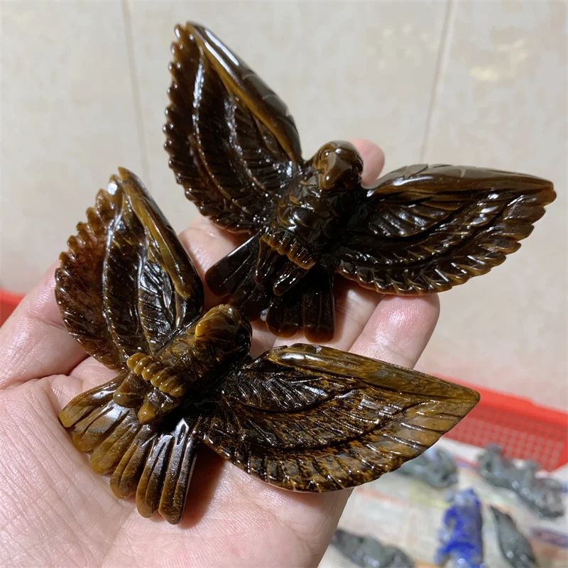 

Natural Crystal Tiger Eye Stone Hand Carving Eagle Animal Sculpture Jewelry Crafts Crystals Healing Stones For Gift 1pcs