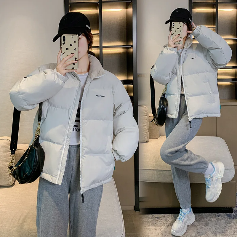 2022 Green Thick Down Cotton Jacket Women Winter Loose Stand Collar Bread Coat Girls Korean Fashion Parkas Outwear Clothes