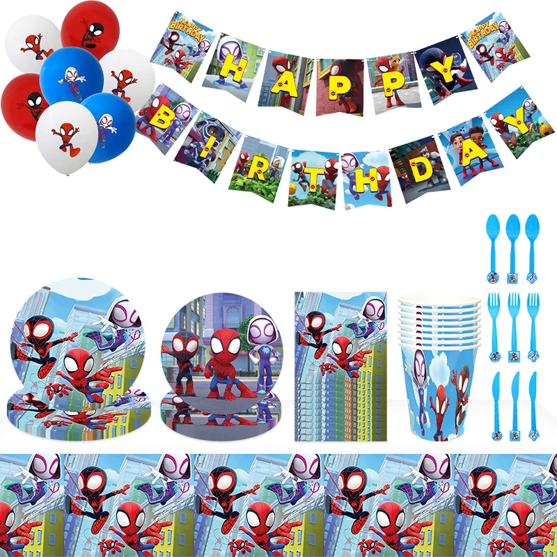 Cartoon SpiderMan And His Friend Theme Happy Birthday Party Decorations Disposable Cutlery Cup Baby Bath Supplies Kid Boy Gift