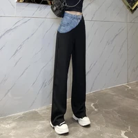 2022 high quality new summer denim stitching straight casual pants womens fashion high street contrast color high waisttrousers