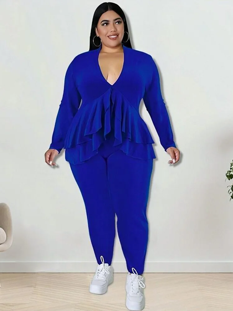 Plus Size Women Clothing Chic and Elegant Pants Suit Set Two Piece Sets Coat Ruffle Blazer Sets Wholesale Bul 3xl 4xl 5xl 6xl