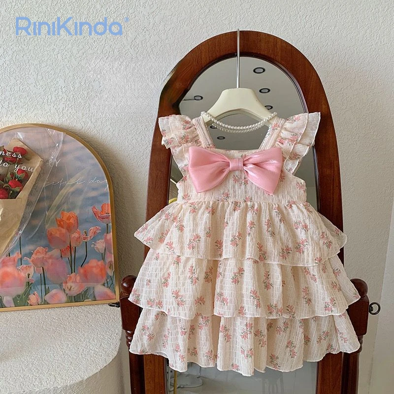 

2023 Girls Princess Dress Cake Layers Fly Sleeve Bow Floral Dresses for Kids Children Wedding Party Pageant Vestidos