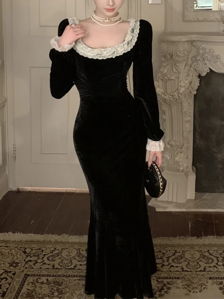Осеннее женское винтажное шикарное бархатное черное платье с длинным рукавом