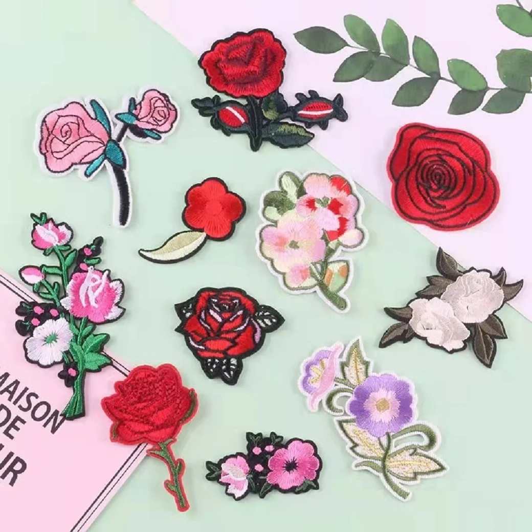 

11Pcs/Set Back Glue Labels Various Flower Embroidery Hand Made Collar For Diy Knitted Printed Cotton Woven Sew Patches