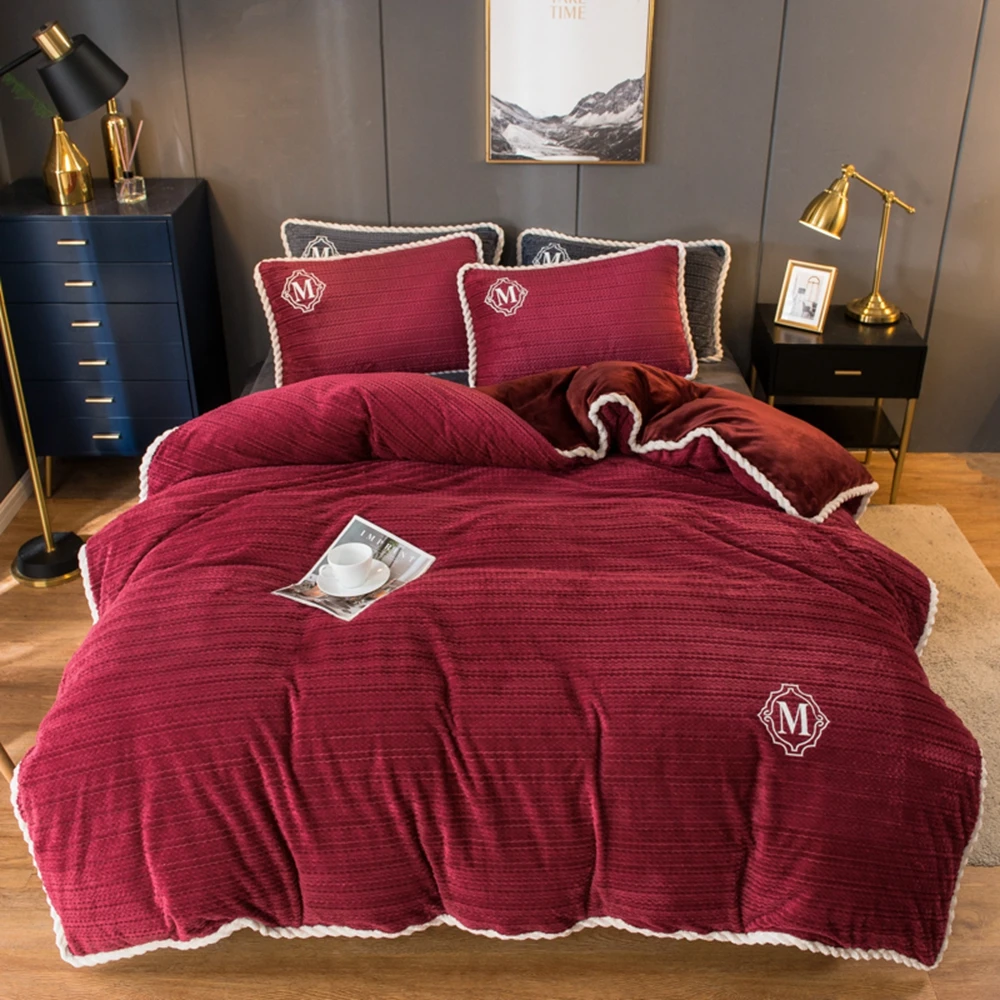Dark Red Winter Flannel Quilt Cover Soft Worm Coral Fleece Comforter Cover Thickening Warm Duvet Bedding Cover Solid Color
