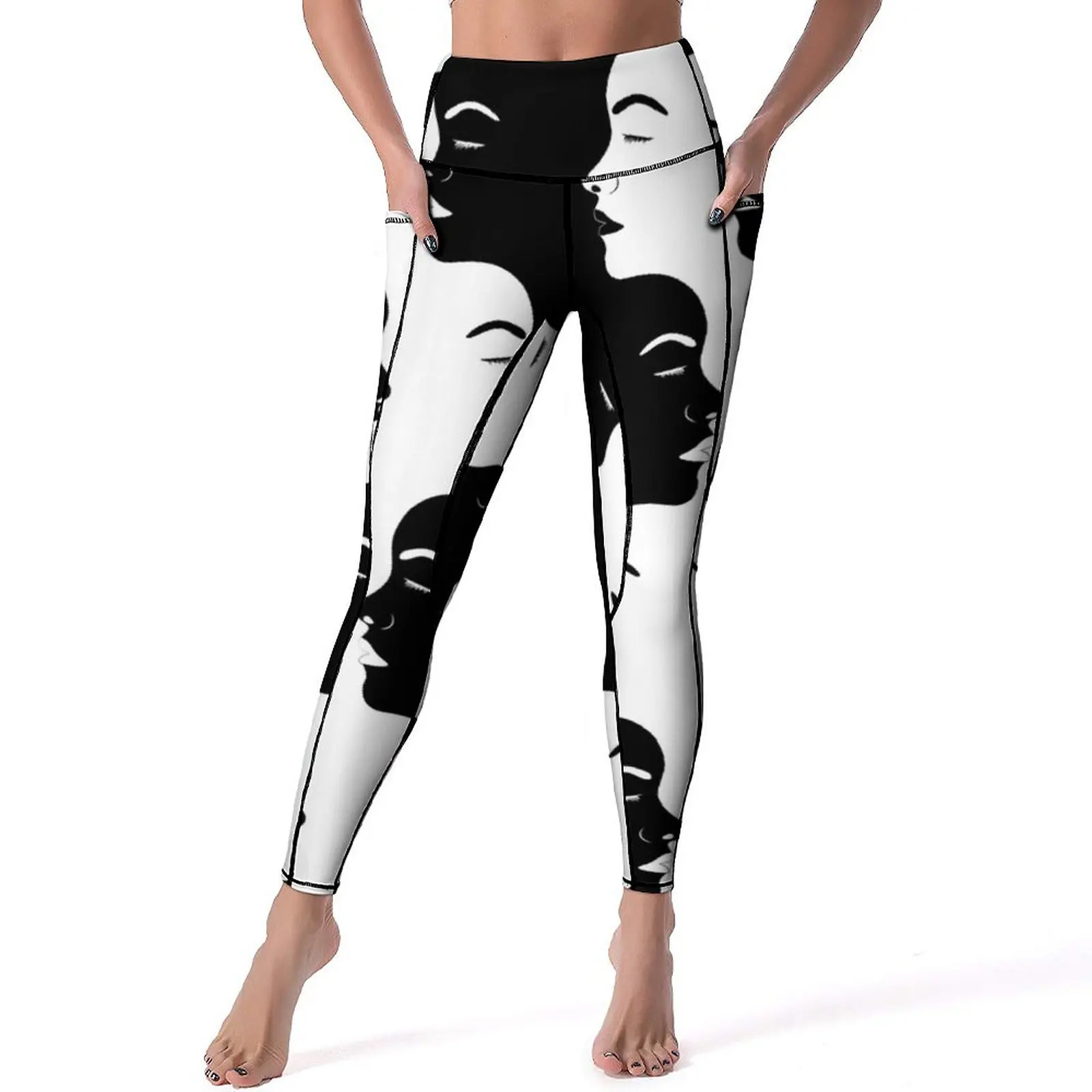 

White And Black Women Head Yoga Pants Abstract We Are All The Same Leggings Novelty Yoga Legging Graphic Fitness Sport Pants